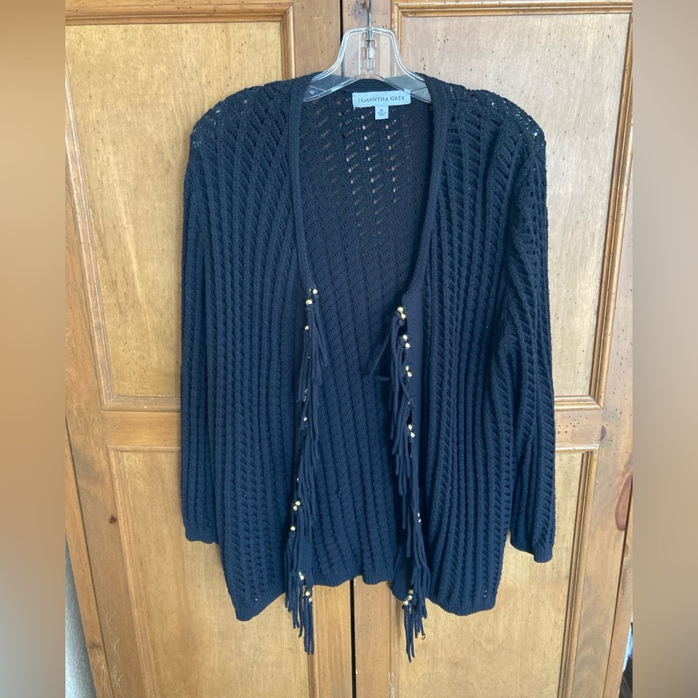 Samantha Grey Black Cardigan Sweater SZ XL Fringe w- Gold Tone Beads Open Front